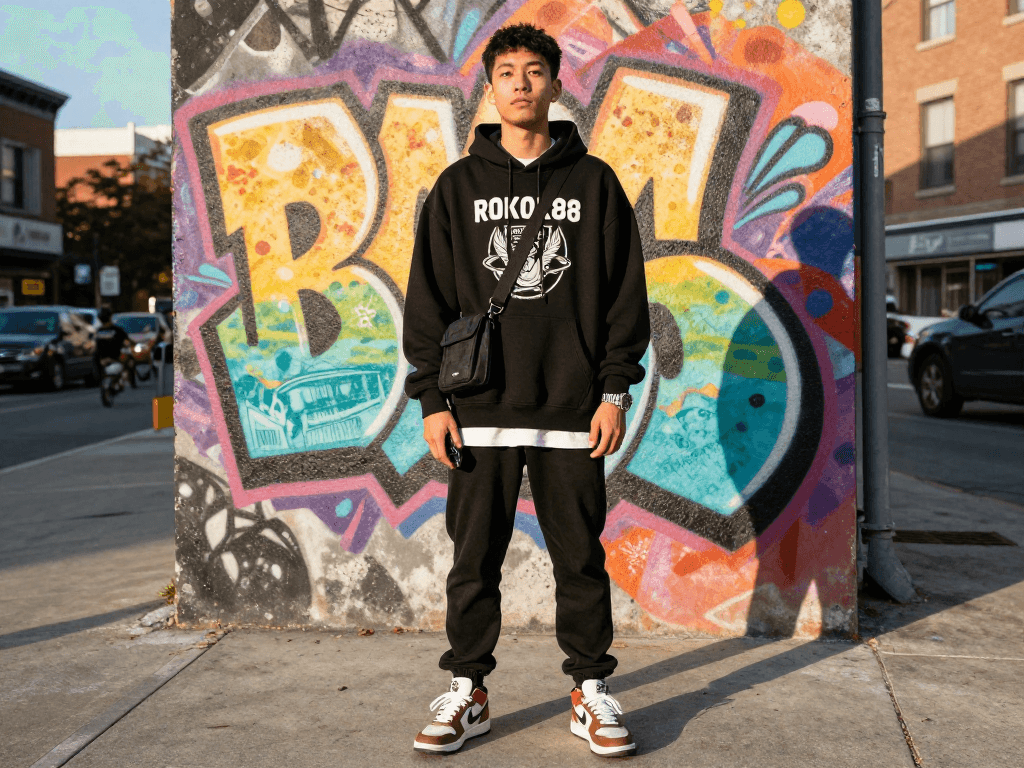 Stylish urban scene featuring rokok88 streetwear, showcasing vibrant fashion against graffiti mural background.