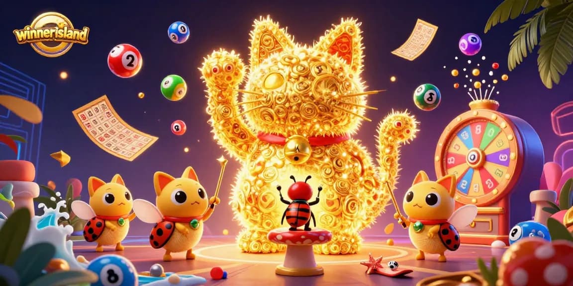 Win big with winnerisland's vibrant casino game scene featuring a lucky cat and dynamic elements.