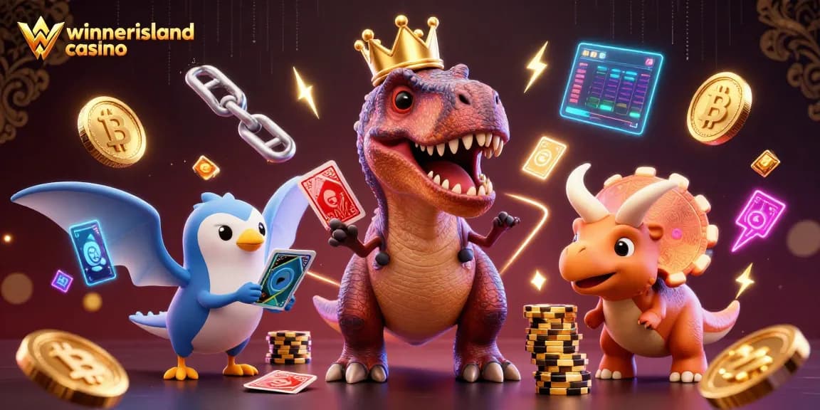 Engage in excitement at winnerislandcasino with a T-Rex shuffling cards and crypto elements