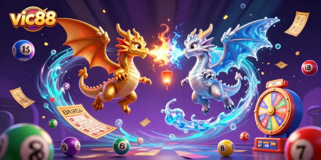 Win big with vic88 as dynamic 3D dragons battle amidst colorful lottery elements in a vibrant casino scene.