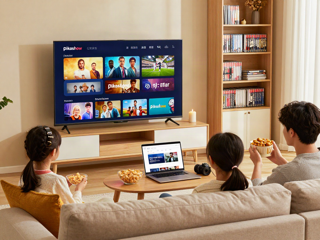 Family enjoying movie night using Pikashow app on smart TV, cozy living room atmosphere