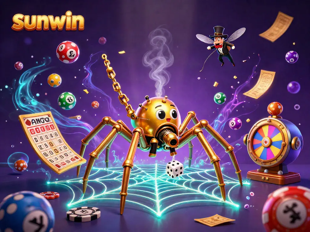Engage with sunwin's vibrant gaming world, showcasing a whimsical steampunk spider and lively lottery balls.