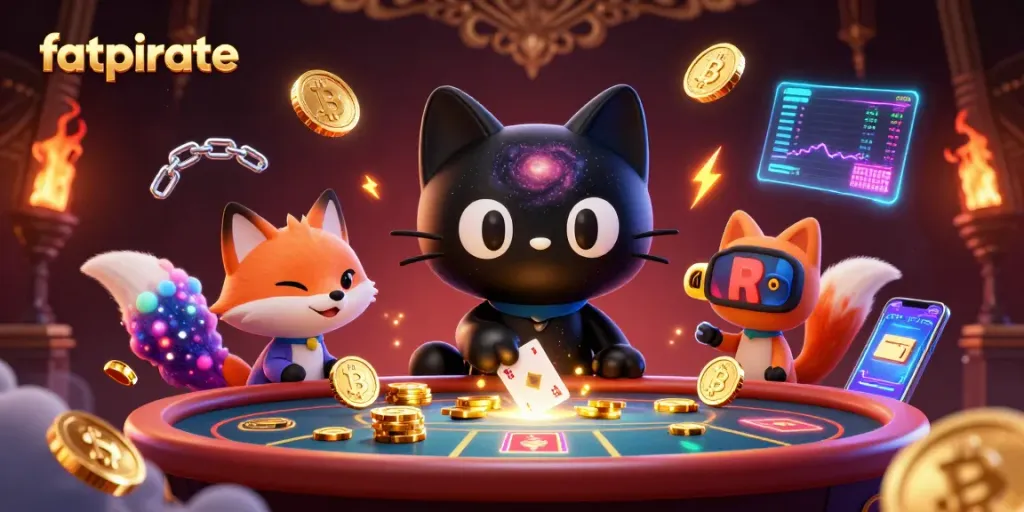 Experience thrilling action at FatPirate Casino, showcasing vibrant 3D characters, chips, and game elements.