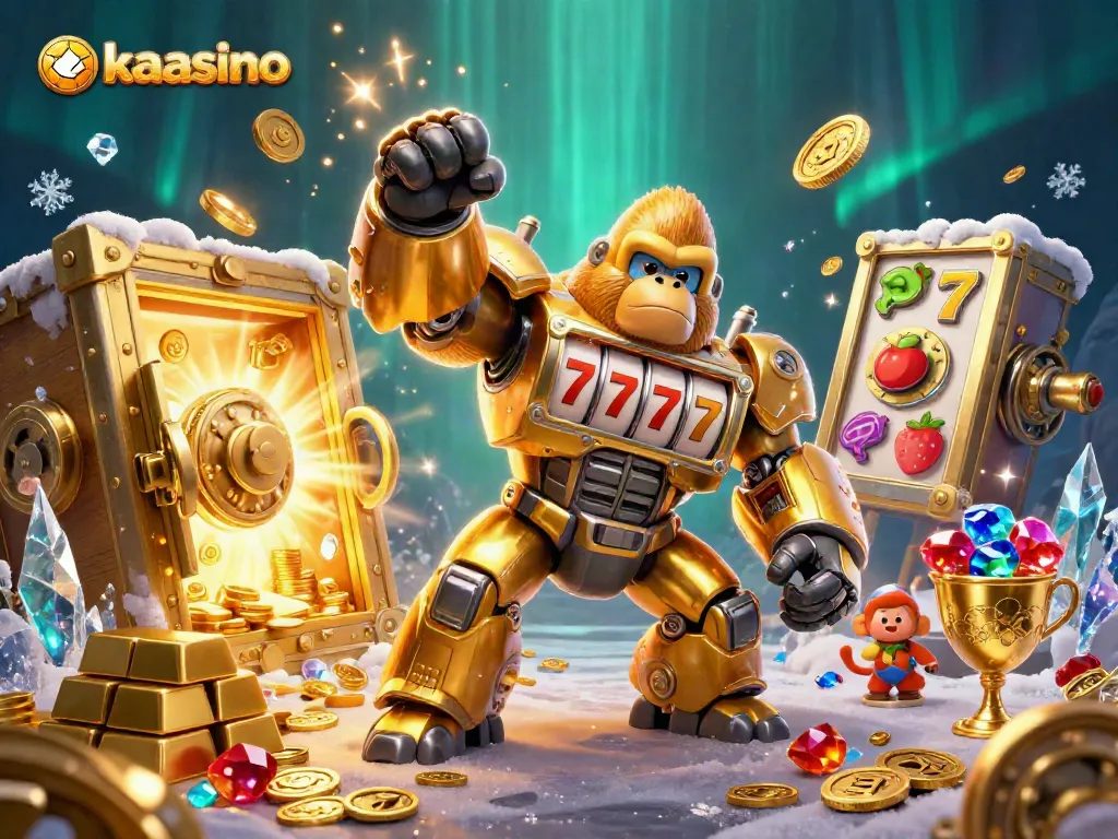 Spin to win at kaasino with a golden gorilla mech and treasures exploding in this dynamic casino scene.