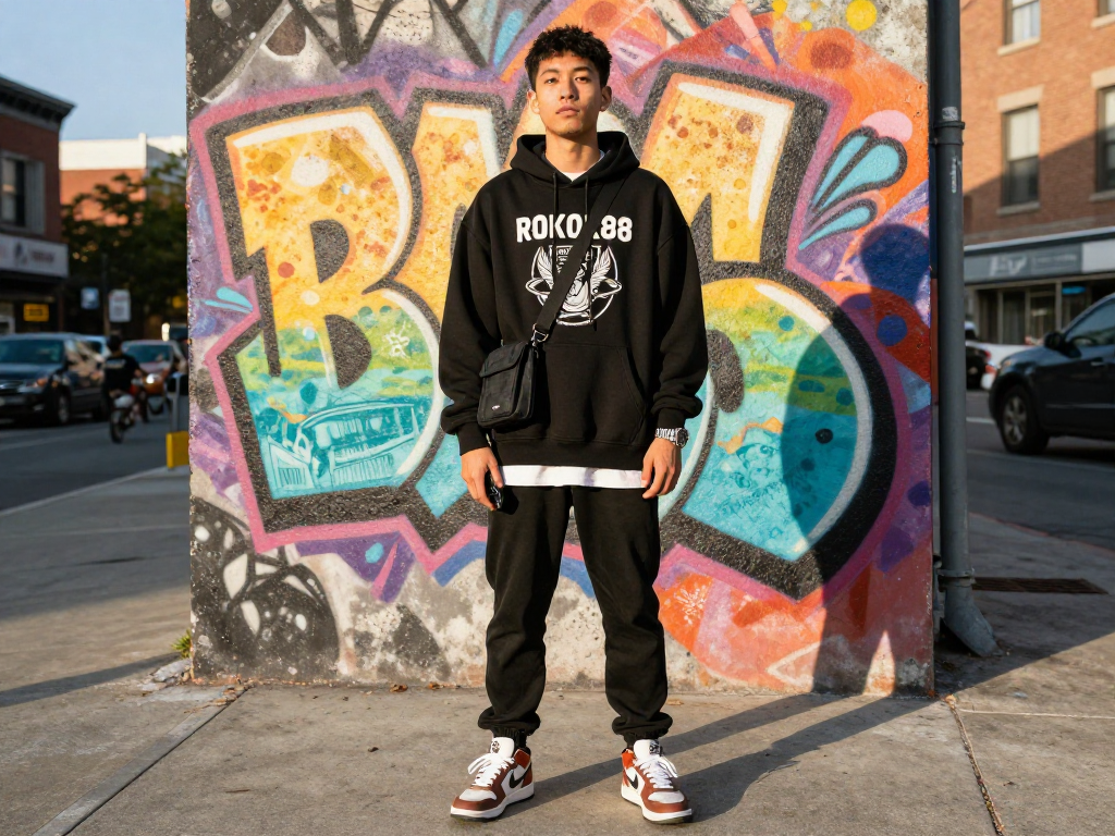 Stylish urban scene featuring rokok88 streetwear, showcasing vibrant fashion against graffiti mural background.