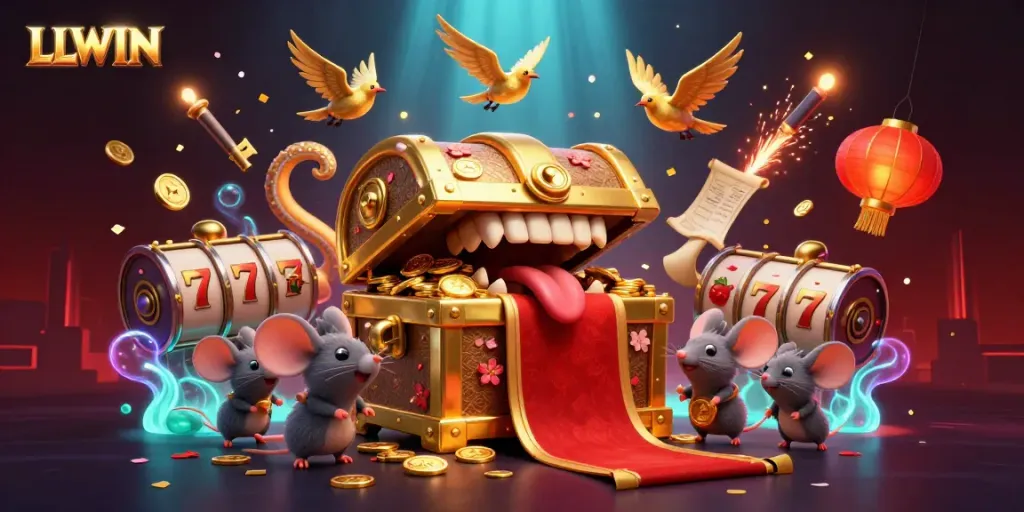 Experience the excitement of LLWIN with this vibrant 3D illustration packed with slot elements and gold treasures.