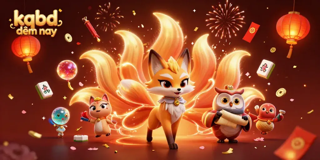 Experience the excitement of kqbd đêm nay with a vibrant illustration of a nine-tailed fox and owl surrounded by magical elements.
