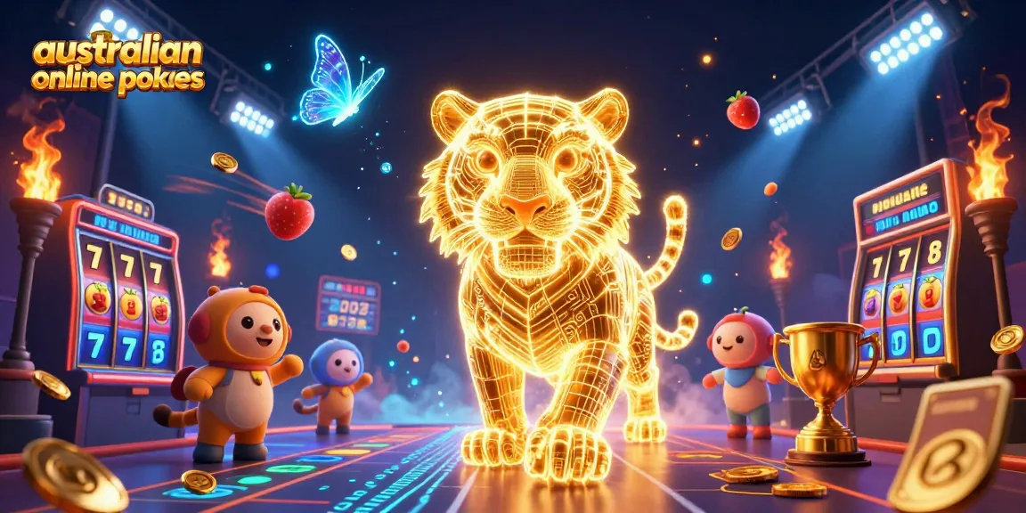 Engage with the thrilling world of australian online pokies amidst vibrant 3D digital casino elements.