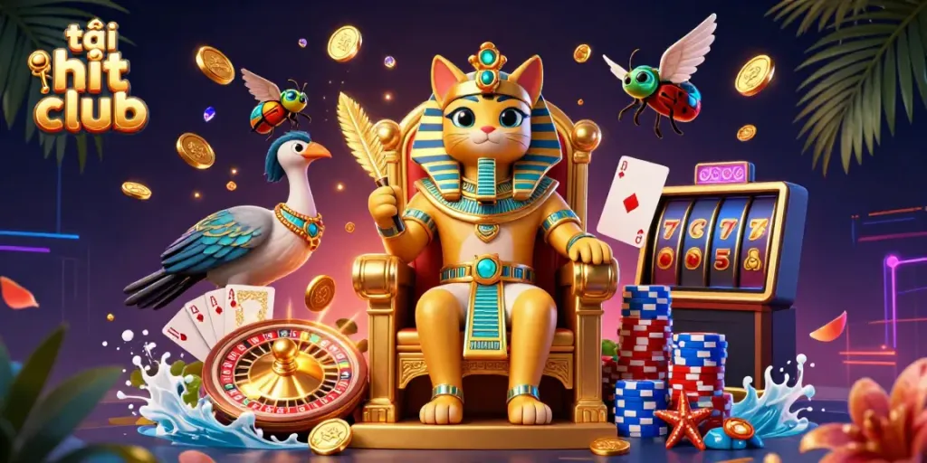 Experience the excitement as you tải hit club with vibrant 3D illustrations of a pharaoh cat and casino elements.