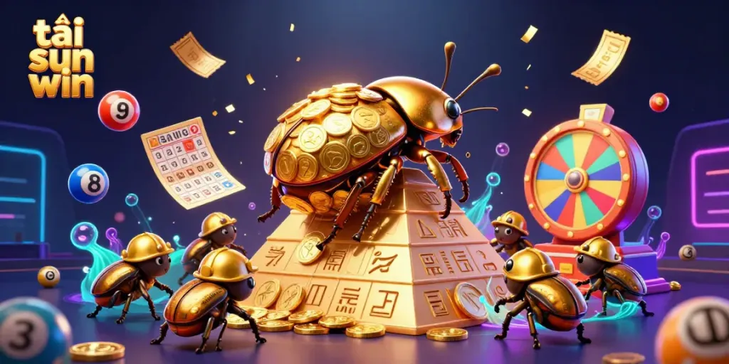 Engage with the excitement of tải sun win, featuring a golden beetle rolling coins and dynamic lottery elements.