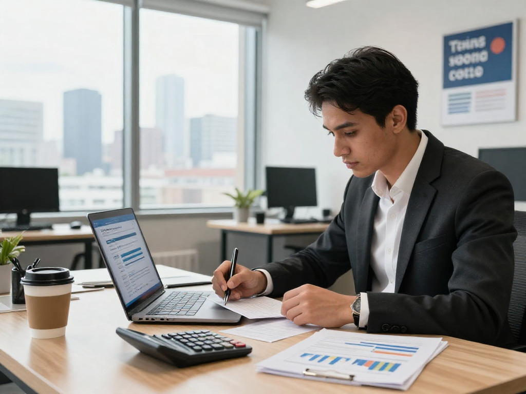 Zakelijke lening aanvraag door professional in modern kantoor met financiële documenten en laptop.