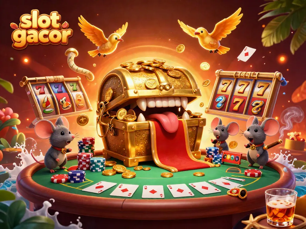 Experience excitement with slot gacor as mice discover treasures in a vibrant casino scene.