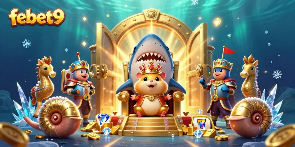 Experience the thrill of febet9 with a playful golden hamster king surrounded by treasures and slot machine elements.