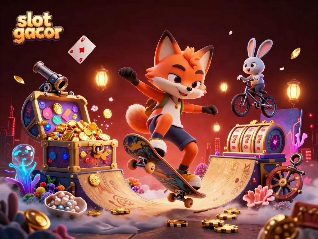 Experience thrilling slot gacor excitement with a skateboarder fox and BMX rabbit in a vibrant casino scene