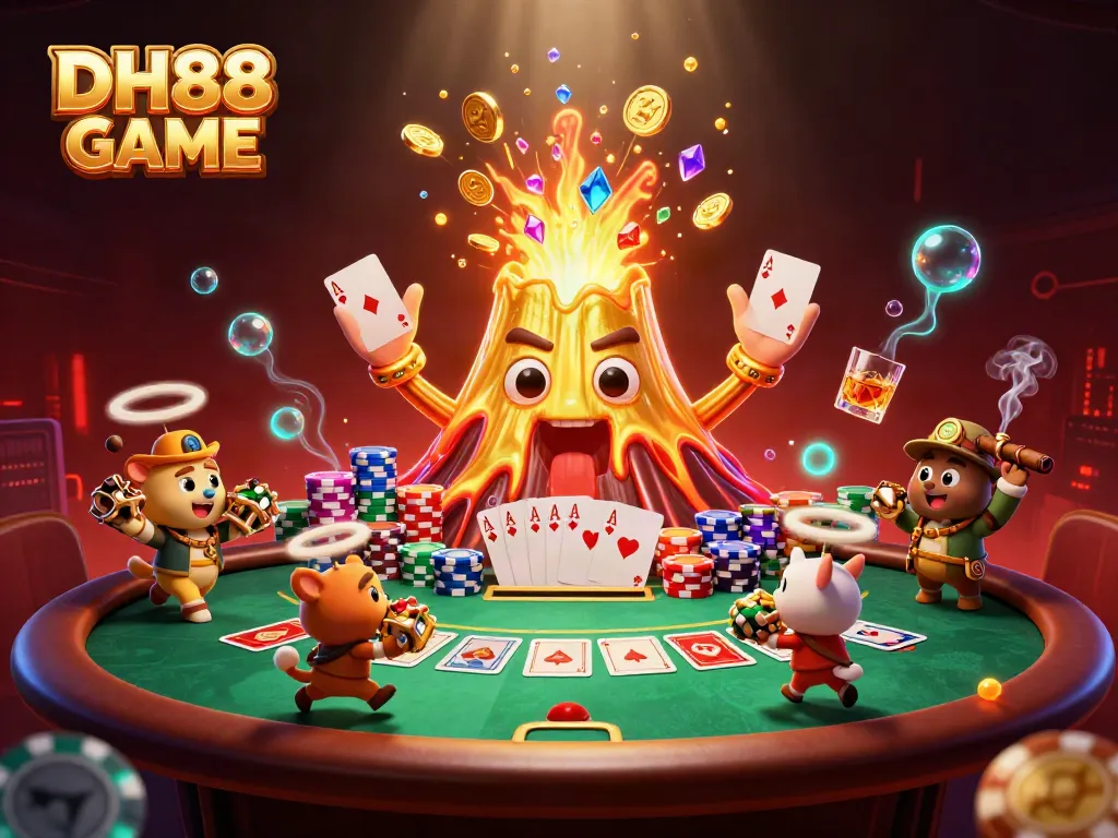 Celebrate big wins with DH88 GAME featuring a whimsical erupting volcano and treasure-seeking animals.
