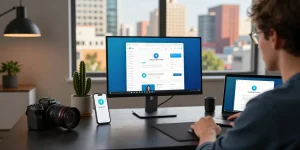 Engaging workspace with Telegram Web Version on a monitor, showcasing productivity and technology.