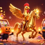 Aureon immerses players in a vibrant casino world with golden rooster characters amidst slot symbols and treasure.