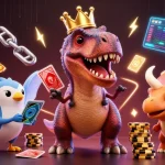 Engage in excitement at winnerislandcasino with a T-Rex shuffling cards and crypto elements